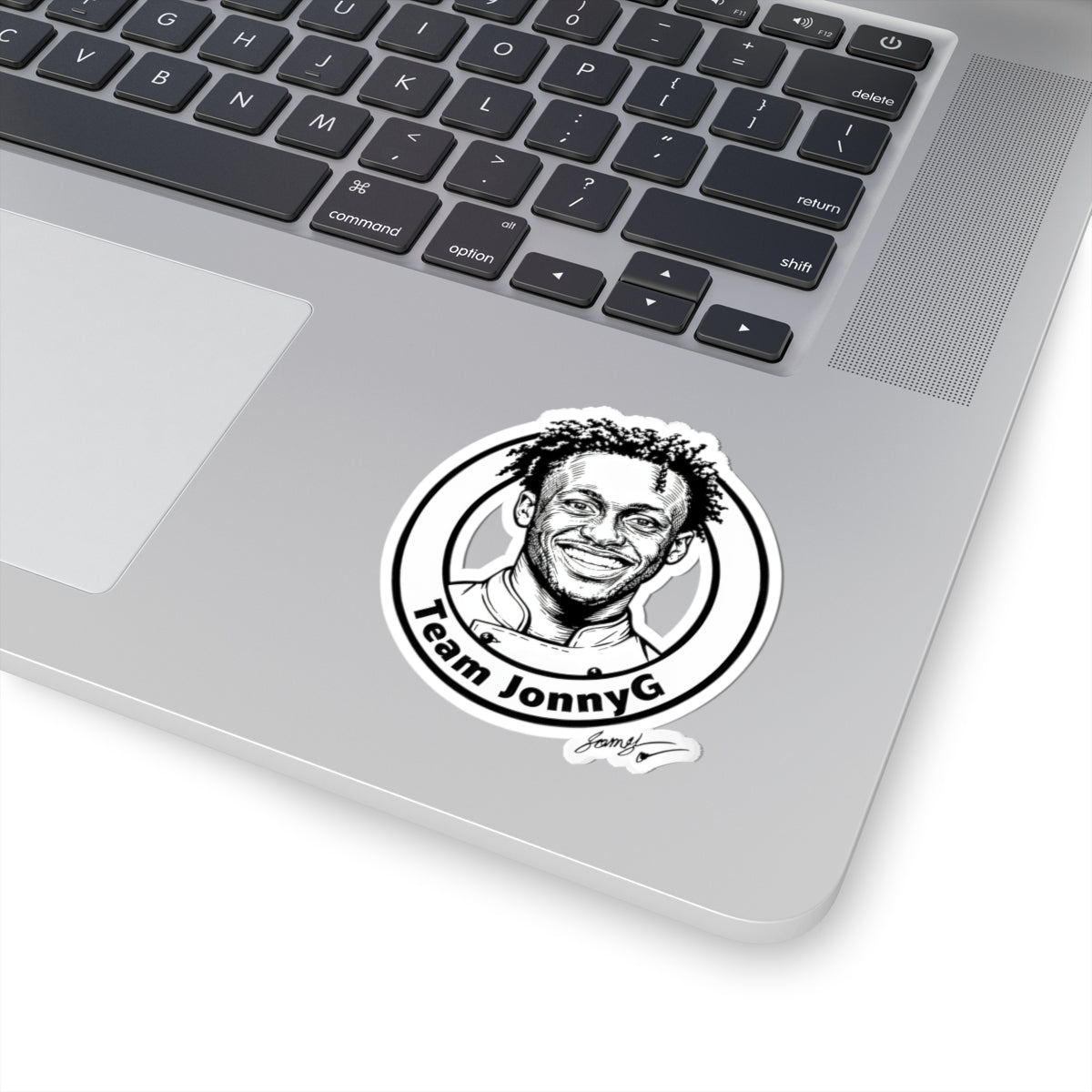 Team JonnyG Portrait Sticker — Black & White Kiss-Cut Laptop Decal