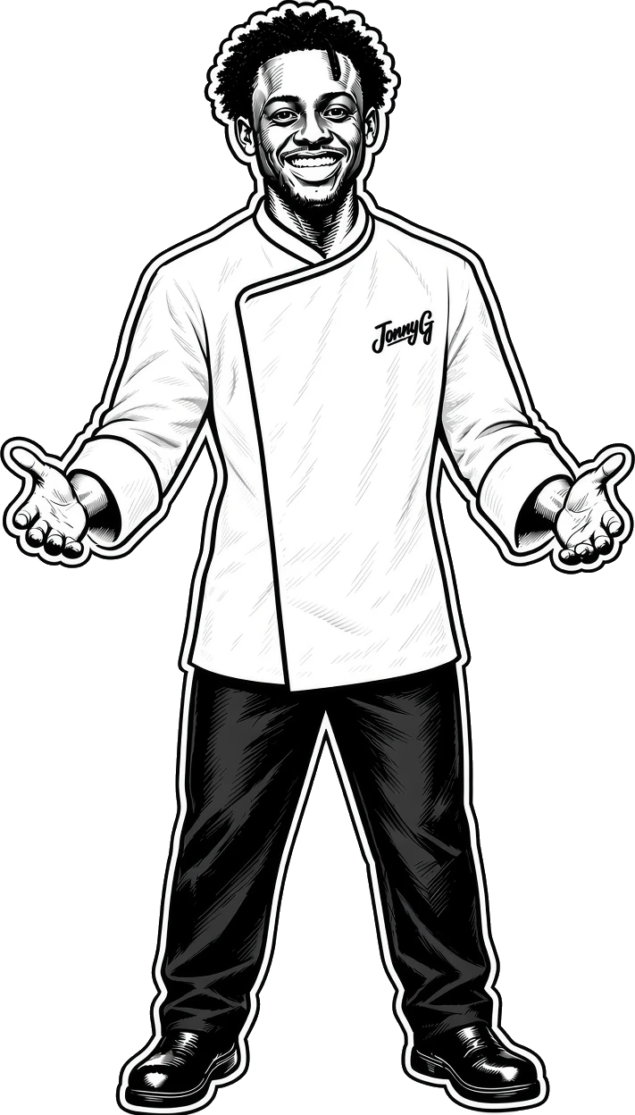 Illustration of Chef JonnyG smiling in his chef coat with his arms open wide